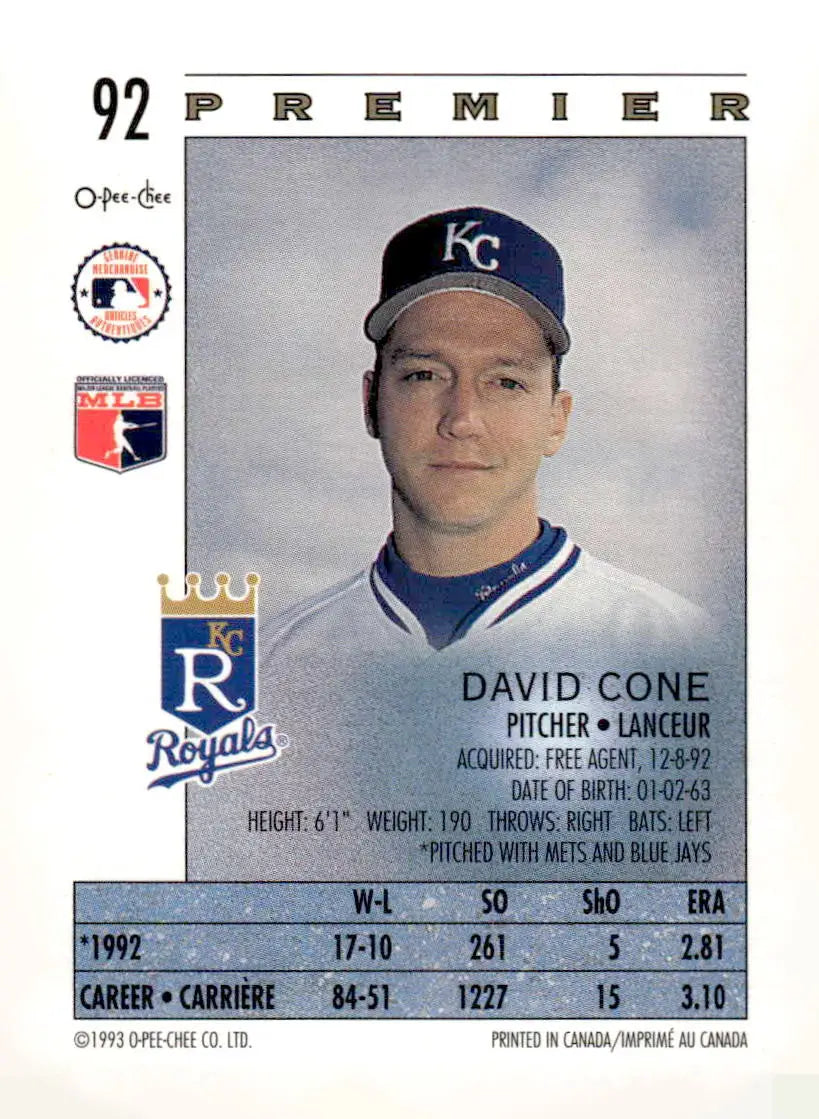 1993 O-Pee-Chee Premier #92 David Cone - Baseball Card Single