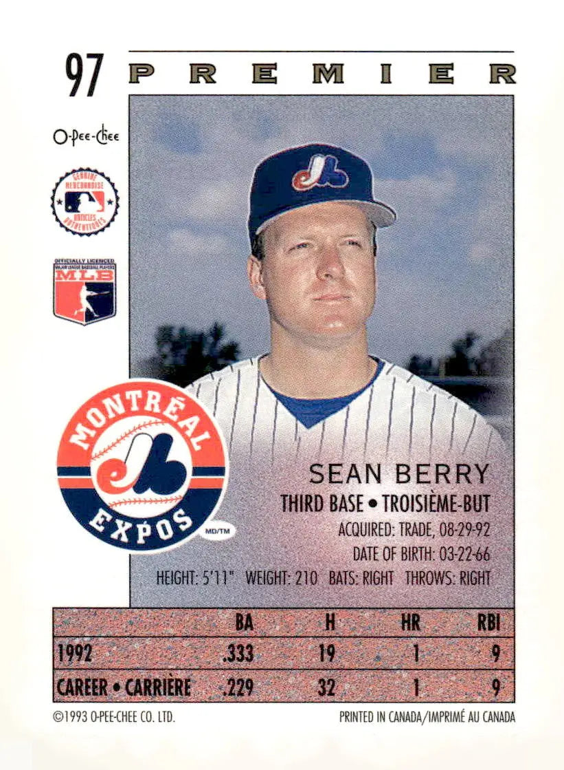 1993 O-Pee-Chee Premier #97 Sean Berry - Baseball Card Single
