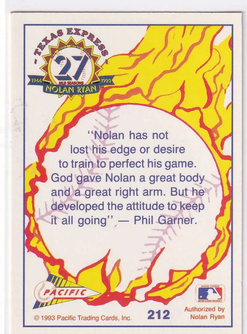 1993 PACIFIC #212 NOLAN RYAN TRAINING FOR PERFECTION- TEXAS RANGERS - Baseball Card Single