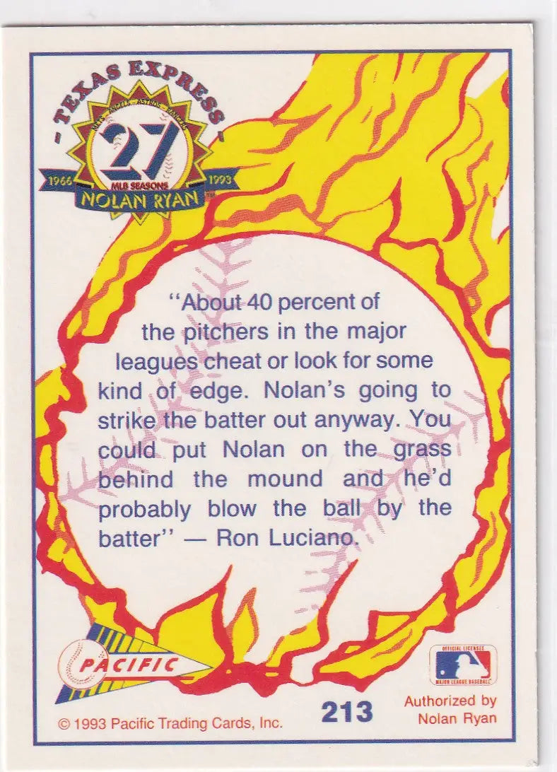 1993 PACIFIC #213 NOLAN RYAN EDGE SPEED- TEXAS RANGERS - Baseball Card Single