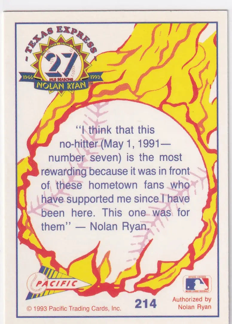 1993 PACIFIC #214 NOLAN RYAN THIS ONE WAS FOR THEM- TEXAS RANGERS - Baseball Card Single