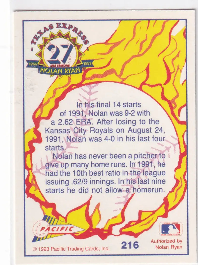 1993 PACIFIC #216 NOLAN RYAN PICK OFF AT THIRD- TEXAS RANGERS - Baseball Card Single