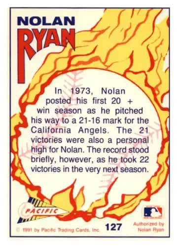Nolan Ryan baseball card back showcasing original gloss from Pacific Texas Express series