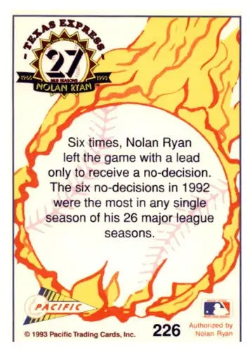 Nolan Ryan baseball card from 1993 Pacific Texas Express Texas Rangers collection