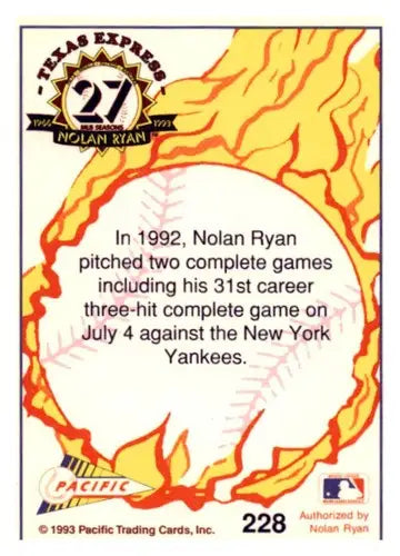 Original gloss Nolan Ryan baseball card from Pacific Texas Express 1993 Texas Rangers