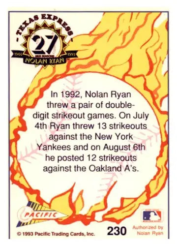 Nolan Ryan baseball card from the 1993 Pacific Texas Express series featuring strikeout games