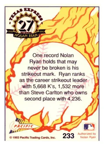 Nolan Ryan Strikeout King Texas baseball card from 1993 Pacific Texas Express series