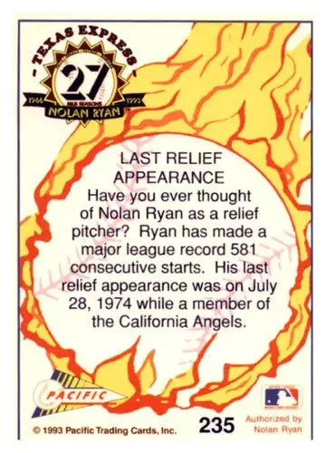 Nolan Ryan baseball card from Pacific Texas Express 1993 Texas Rangers collection