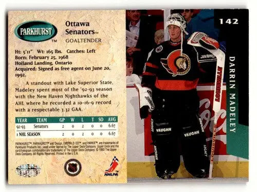 Hockey trading card featuring Darrin Madeley with original gloss in excellent NM condition