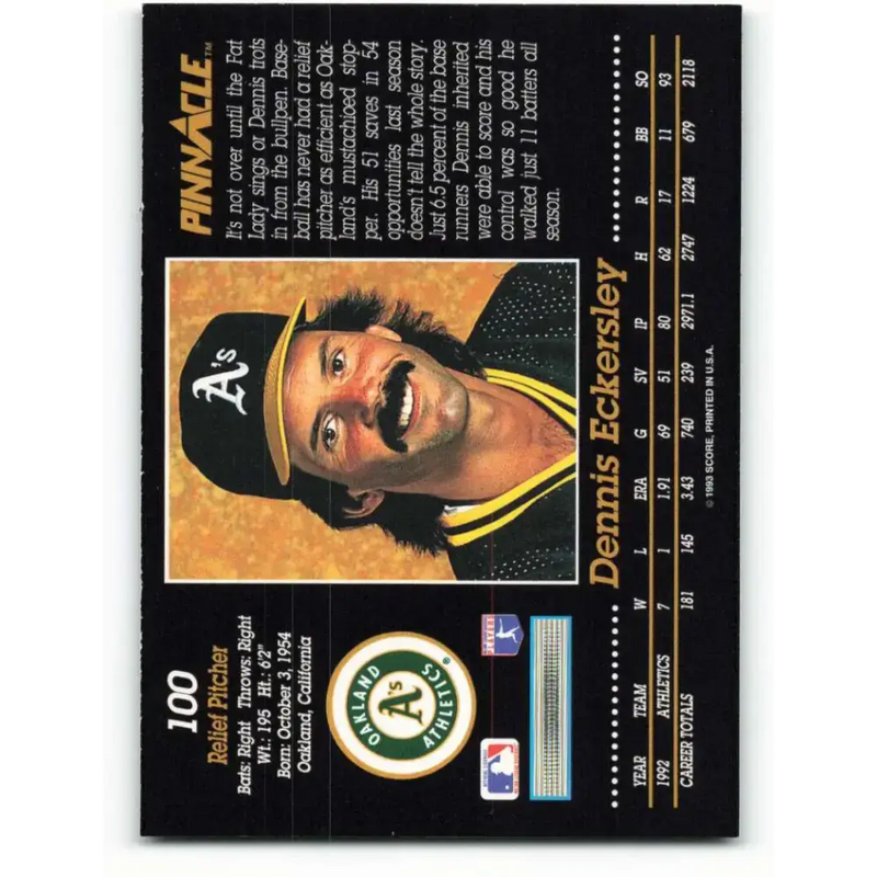 1993 Pinnacle #100 Dennis Eckersley NM-MT Oakland Athletics Baseball Card - Baseball Card Single