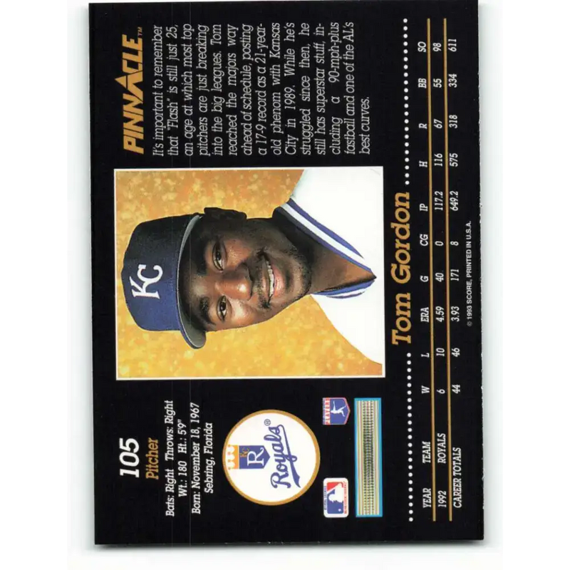 1993 Pinnacle #105 Tom Gordon NM-MT Kansas City Royals Baseball Card - Baseball Card Single