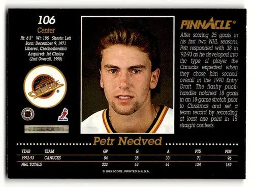 Original gloss Petr Nedved hockey card from 1993 Pinnacle #106 Near mint or better