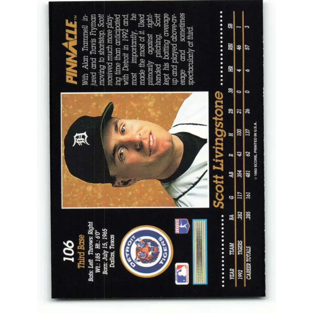 1993 Pinnacle #106 Scott Livingstone NM-MT Detroit Tigers Baseball Card - Baseball Card Single