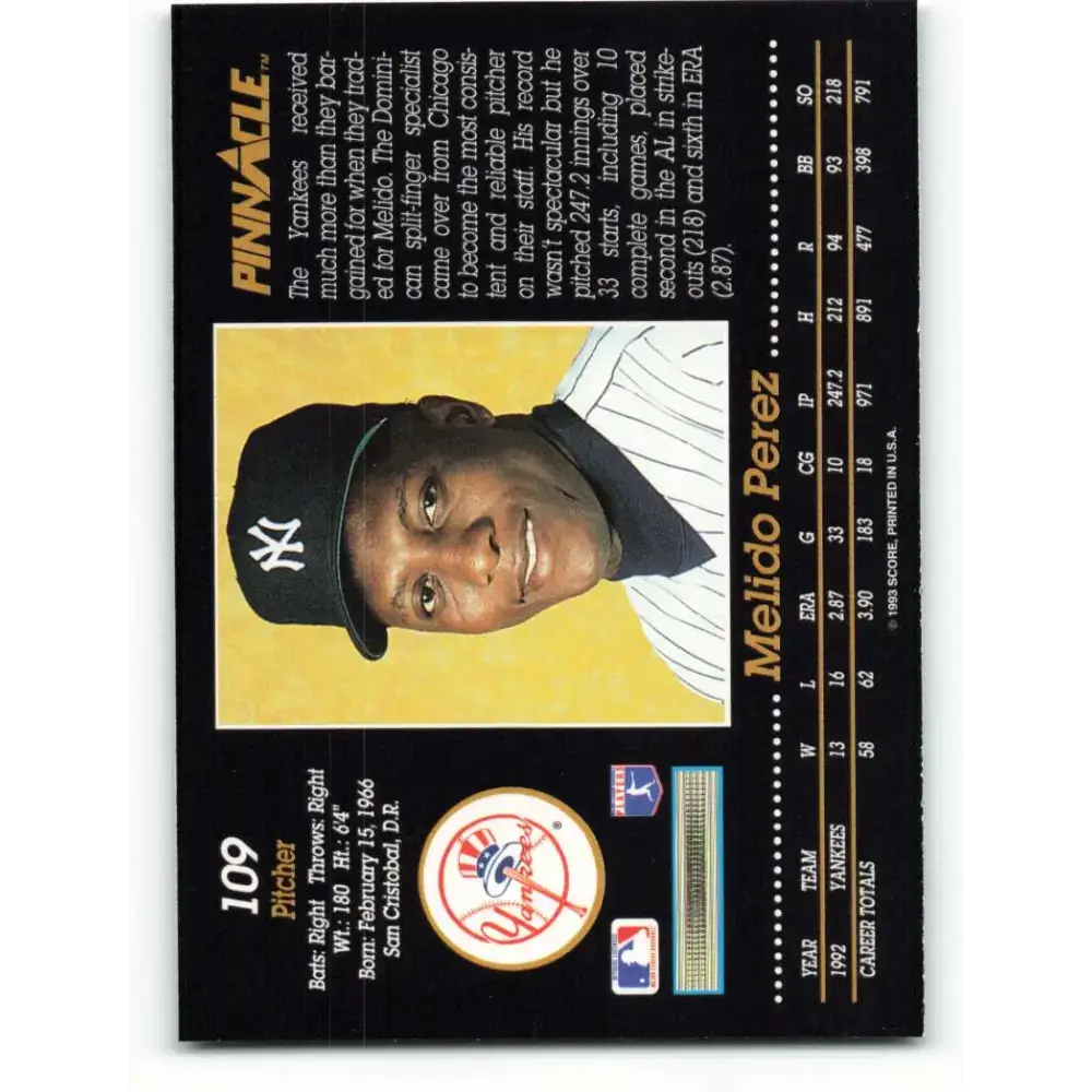1993 Pinnacle #109 Melido Perez NM-MT New York Yankees Baseball Card - Baseball Card Single