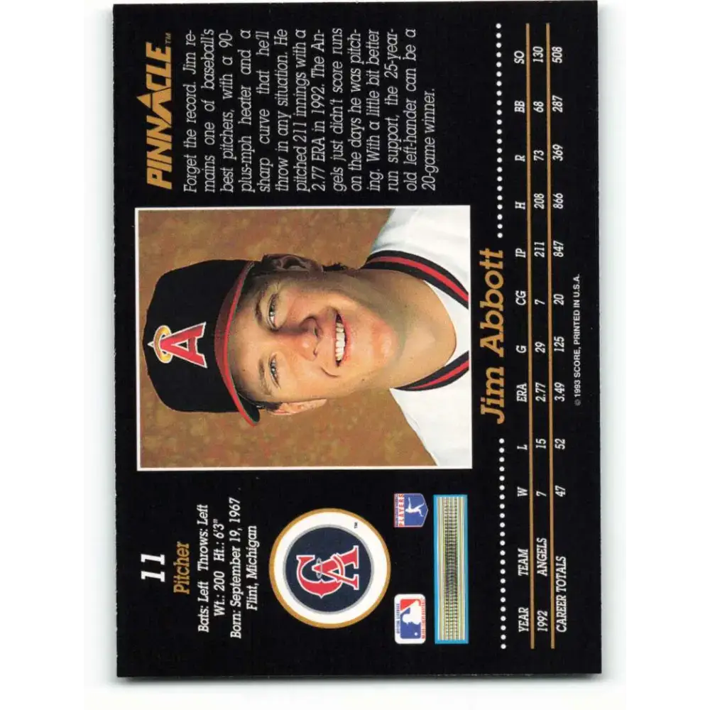 1993 Pinnacle #11 Jim Abbott NM-MT California Angels Baseball Card - Baseball Card Single