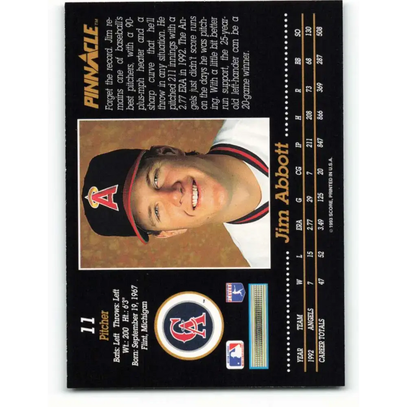 1993 Pinnacle #11 Jim Abbott NM-MT California Angels Baseball Card - Baseball Card Single