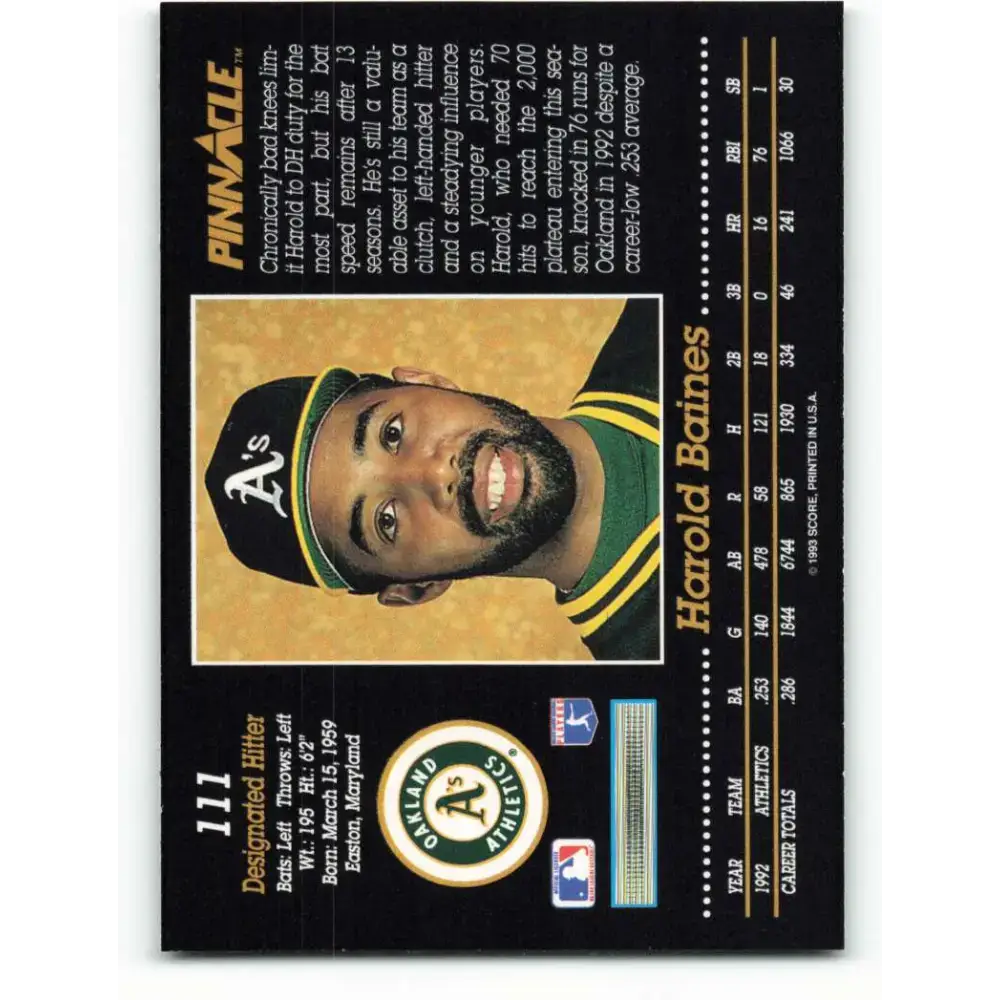 1993 Pinnacle #111 Harold Baines NM-MT Oakland Athletics Baseball Card - Baseball Card Single