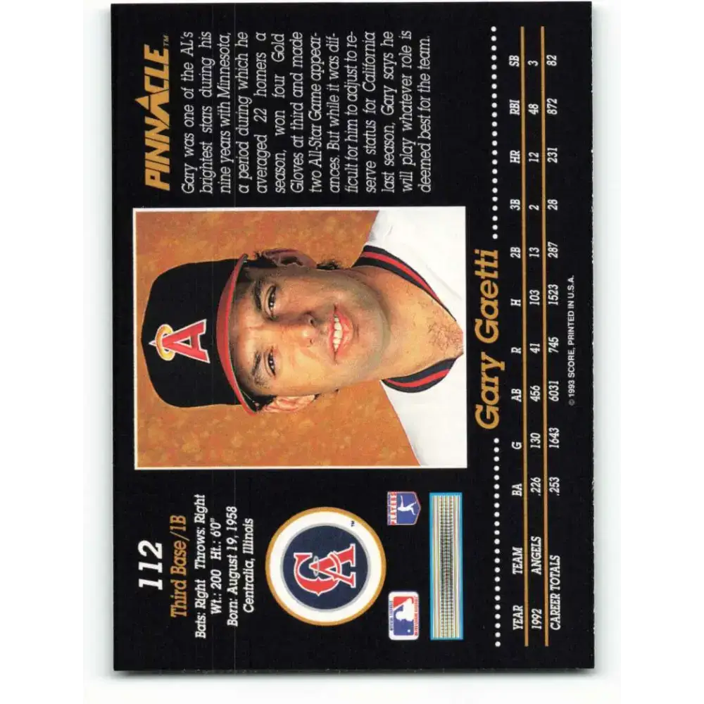 1993 Pinnacle #112 Gary Gaetti NM-MT California Angels Baseball Card - Baseball Card Single