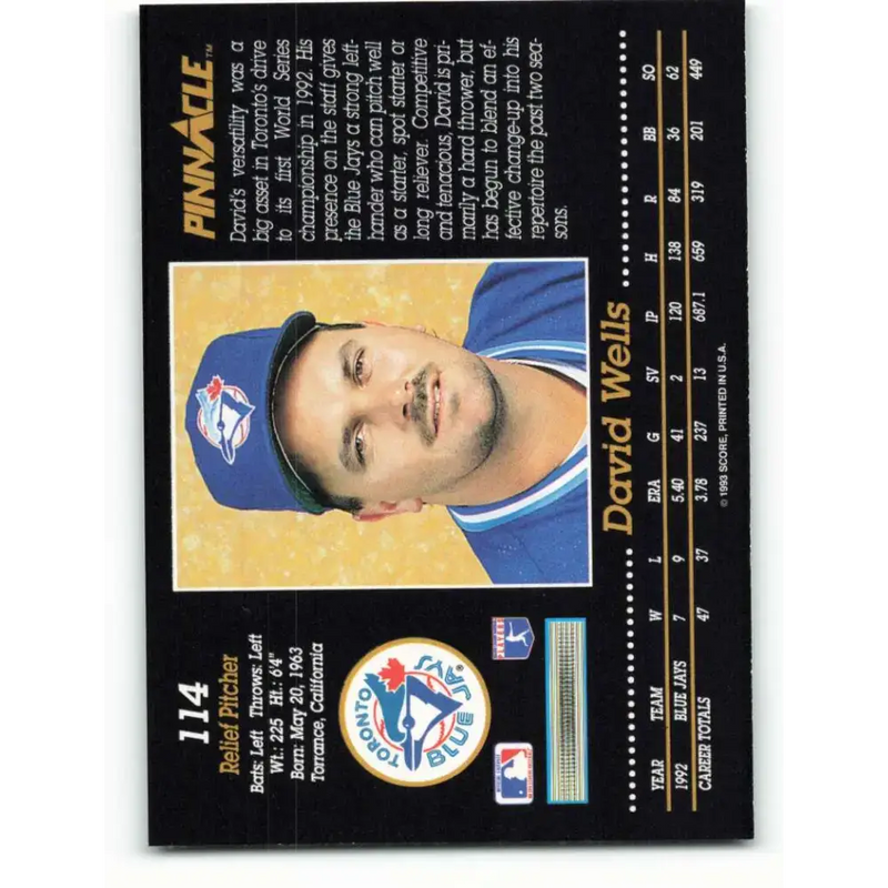 1993 Pinnacle #114 David Wells NM-MT Toronto Blue Jays Baseball Card - Baseball Card Single