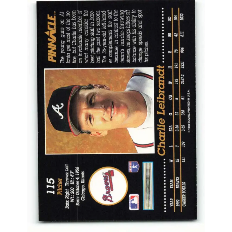 1993 Pinnacle #115 Charlie Leibrandt NM-MT Atlanta Braves Baseball Card - Baseball Card Single