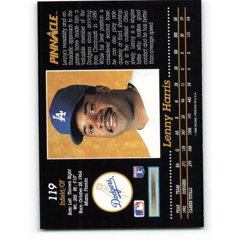 1993 Pinnacle #119 Lenny Harris NM-MT Los Angeles Dodgers Baseball Card - Baseball Card Single