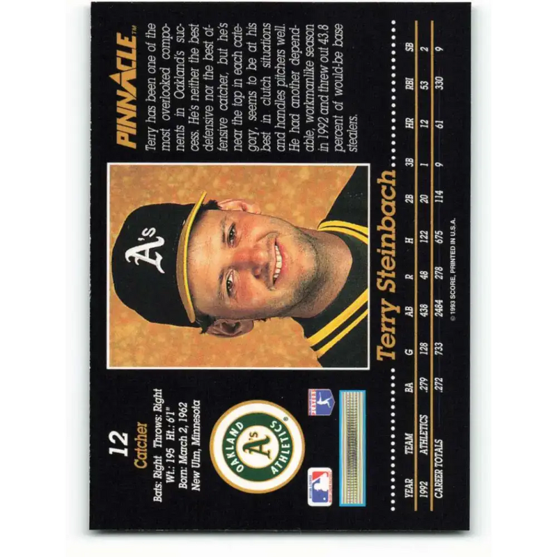 1993 Pinnacle #12 Terry Steinbach NM-MT Oakland Athletics Baseball Card - Baseball Card Single