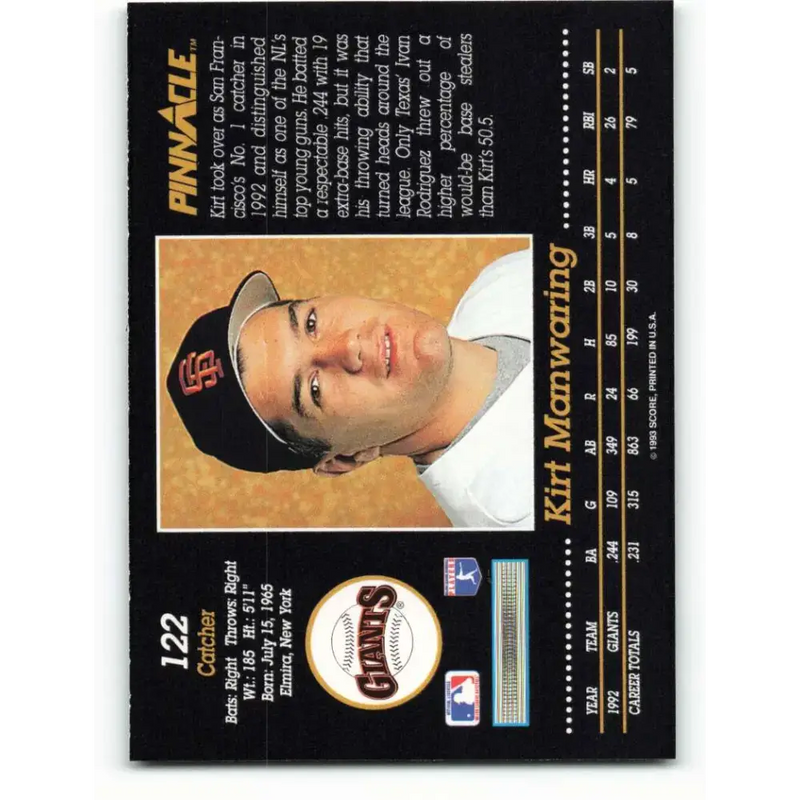 1993 Pinnacle #122 Kirt Manwaring NM-MT San Francisco Giants Baseball Card - Baseball Card Single