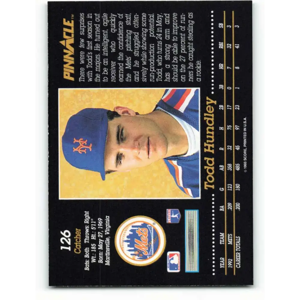 1993 Pinnacle #126 Todd Hundley NM-MT New York Mets Baseball Card - Baseball Card Single
