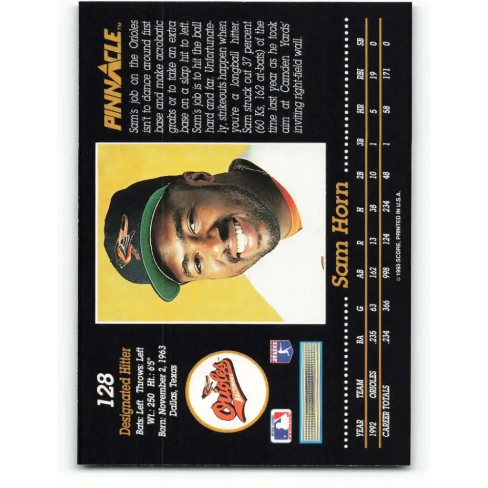 1993 Pinnacle #128 Sam Horn NM-MT Baltimore Orioles Baseball Card - Baseball Card Single
