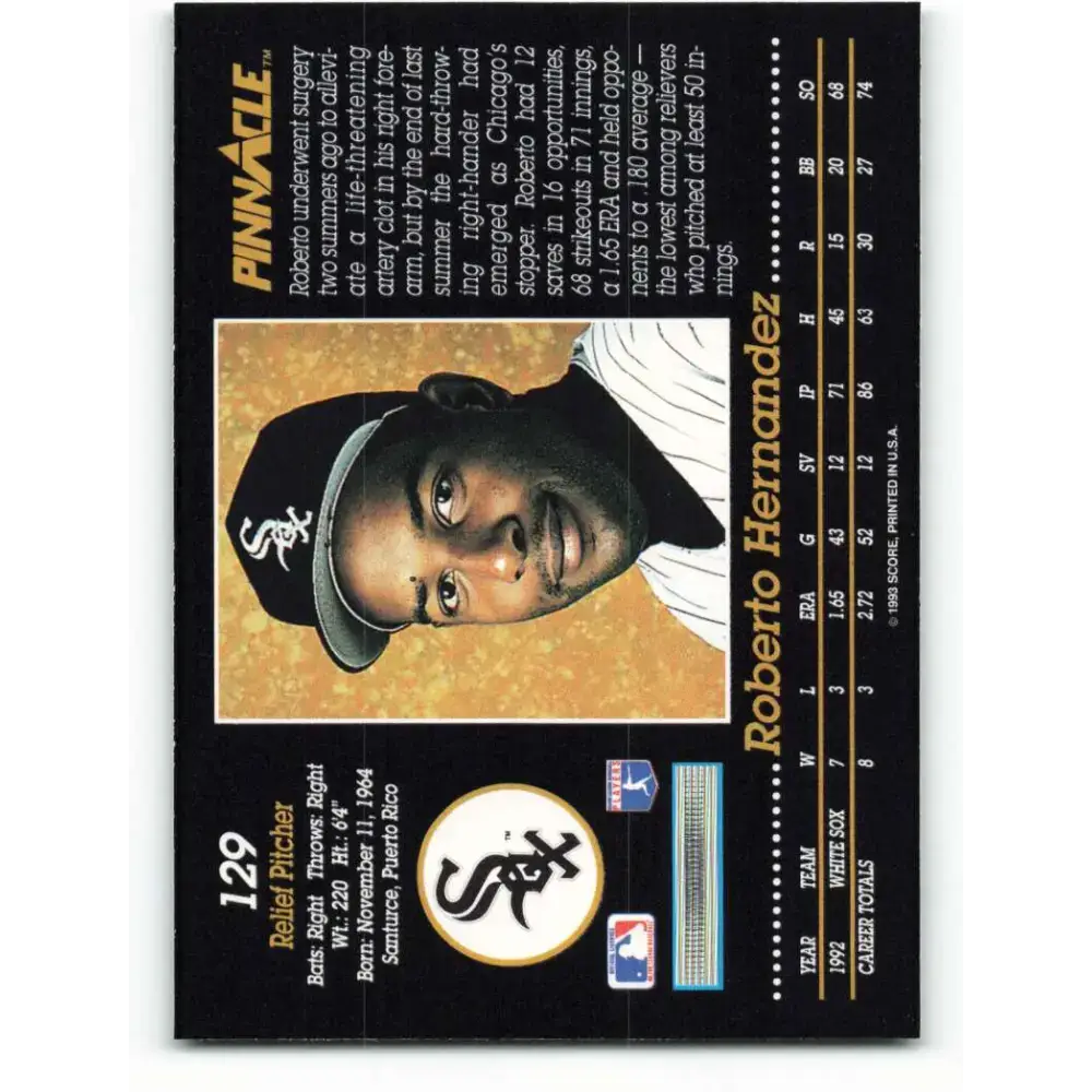 1993 Pinnacle #129 Roberto Hernandez NM-MT Chicago White Sox Baseball Card - Baseball Card Single