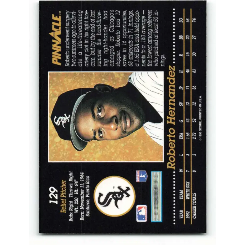 1993 Pinnacle #129 Roberto Hernandez NM-MT Chicago White Sox Baseball Card - Baseball Card Single