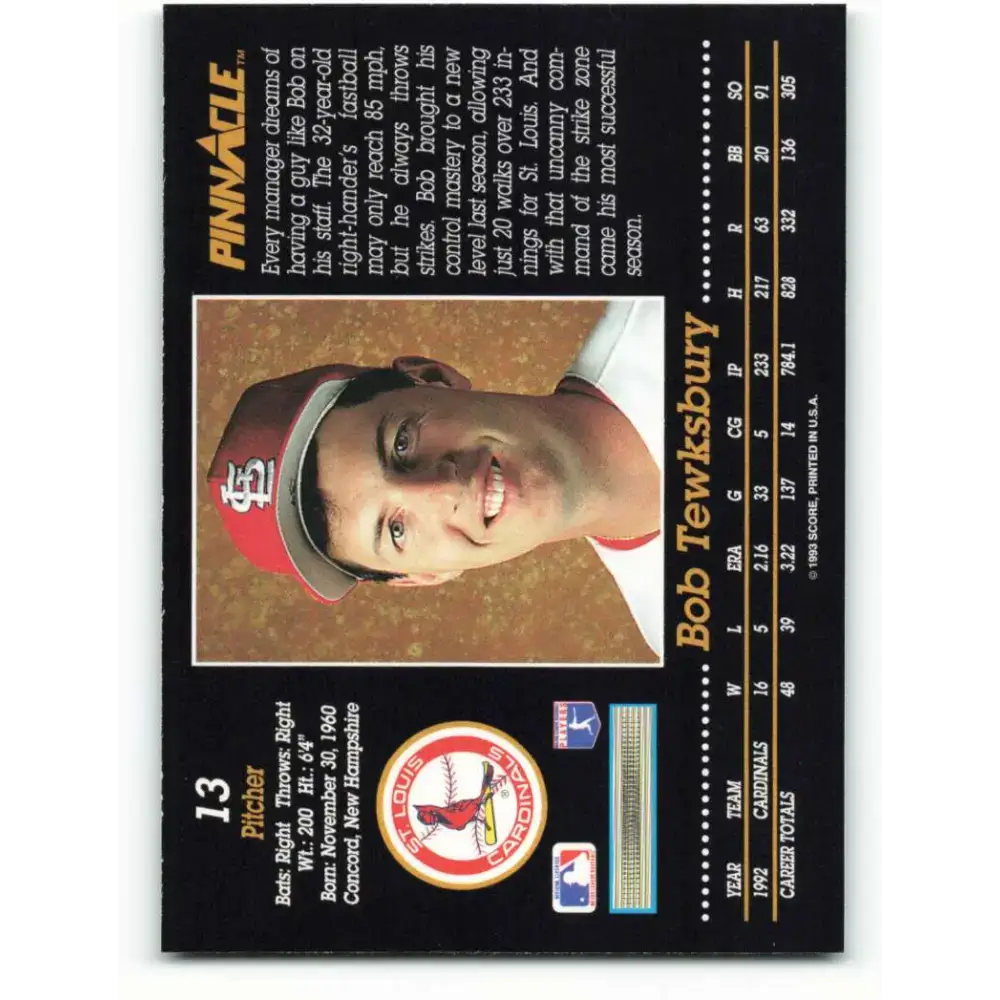 1993 Pinnacle #13 Bob Tewksbury NM-MT St. Louis Cardinals Baseball Card - Baseball Card Single