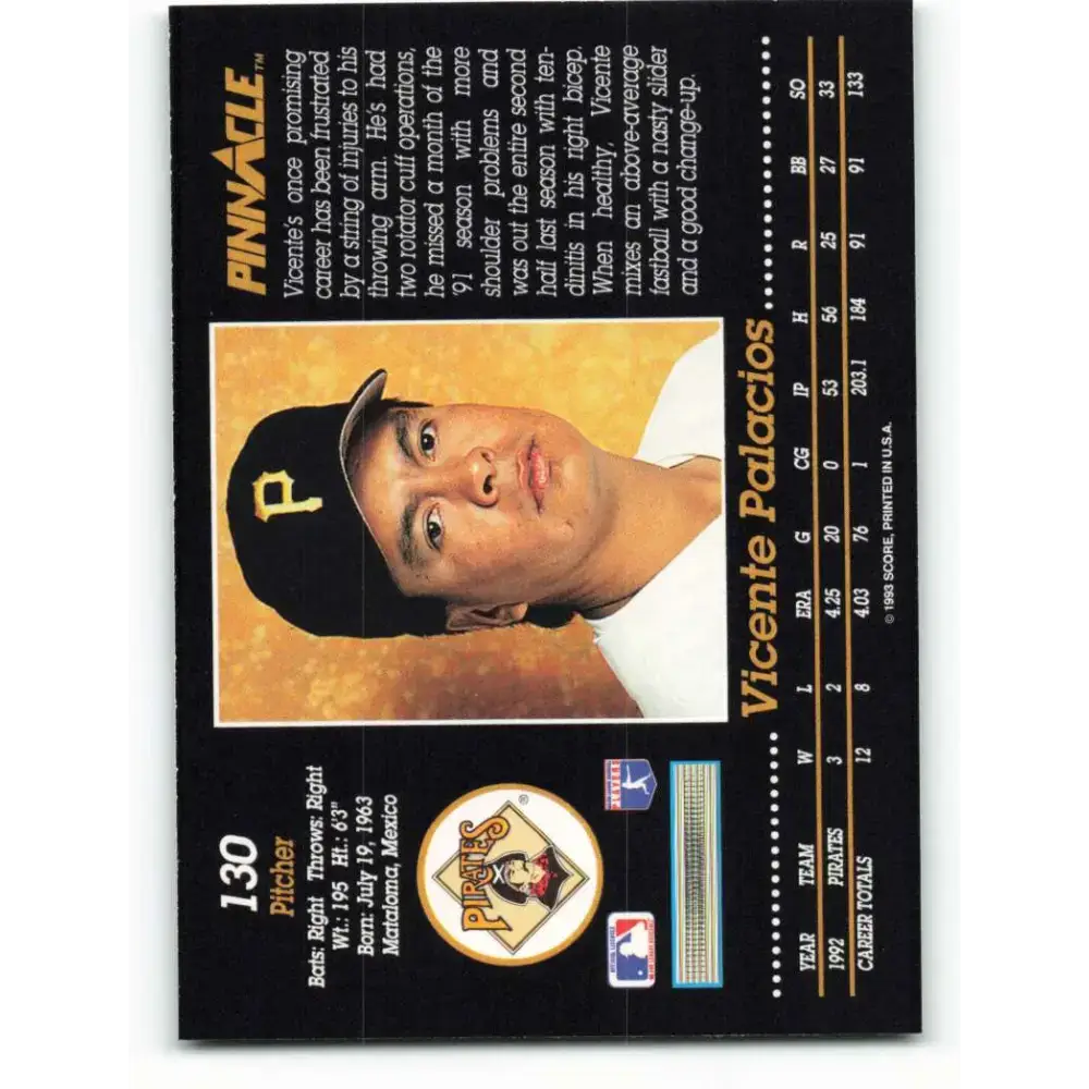 1993 Pinnacle #130 Vicente Palacios NM-MT Pittsburgh Pirates Baseball Card - Baseball Card Single