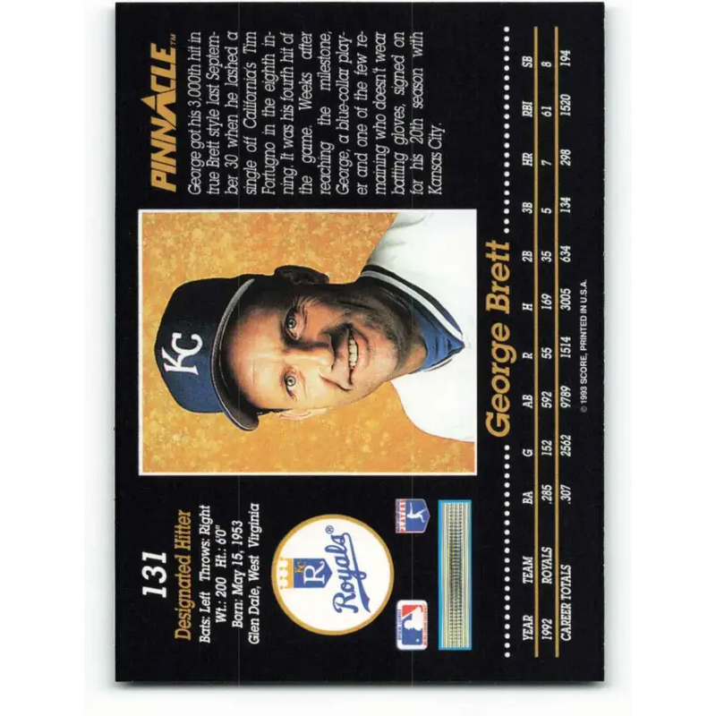 1993 Pinnacle #131 George Brett NM-MT Kansas City Royals Baseball Card - Baseball Card Single