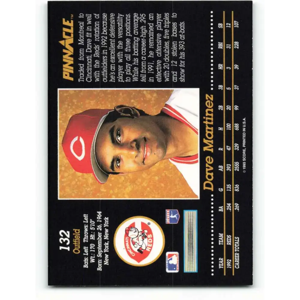 1993 Pinnacle #132 Dave Martinez NM-MT Cincinnati Reds Baseball Card - Baseball Card Single