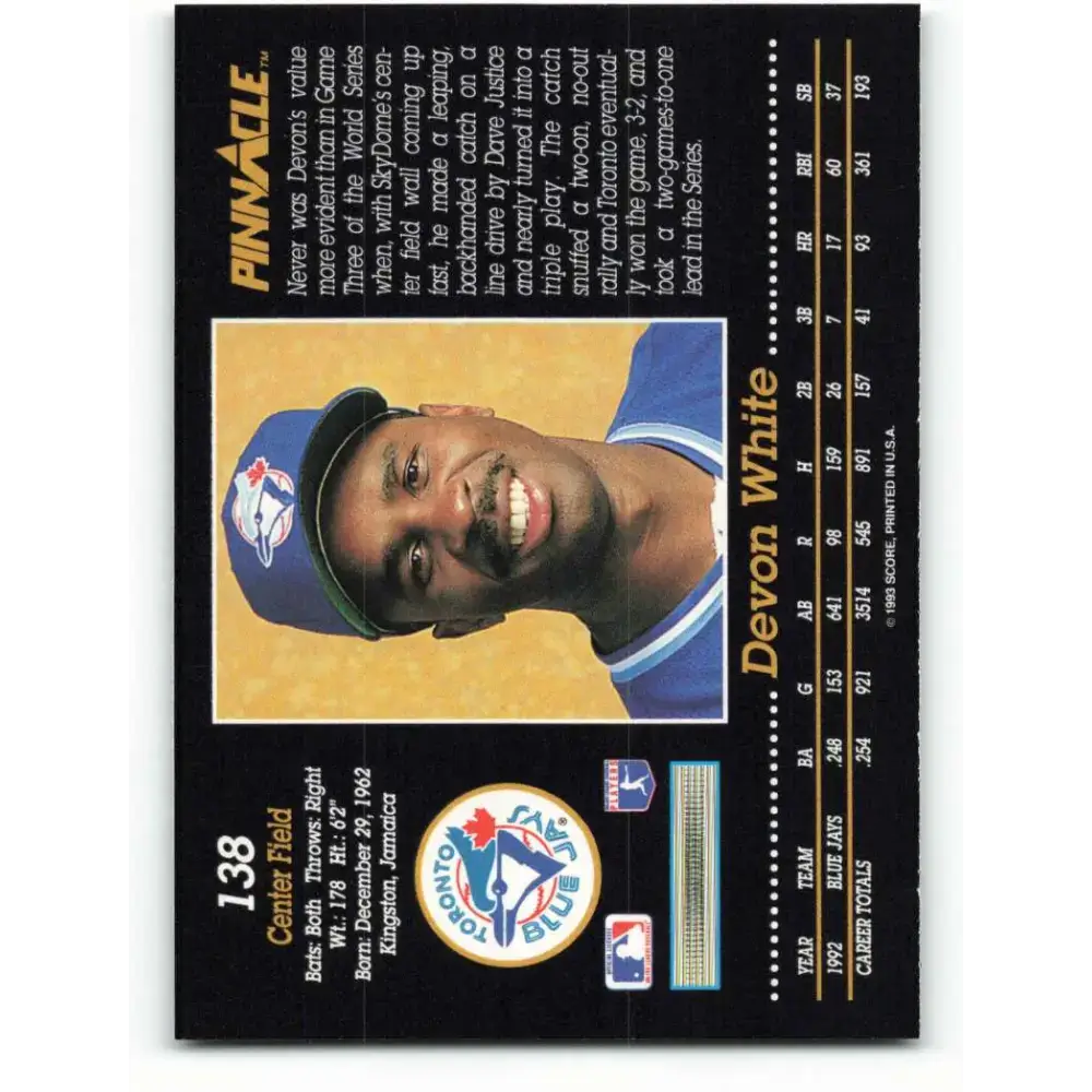 1993 Pinnacle #138 Devon White NM-MT Toronto Blue Jays Baseball Card - Baseball Card Single