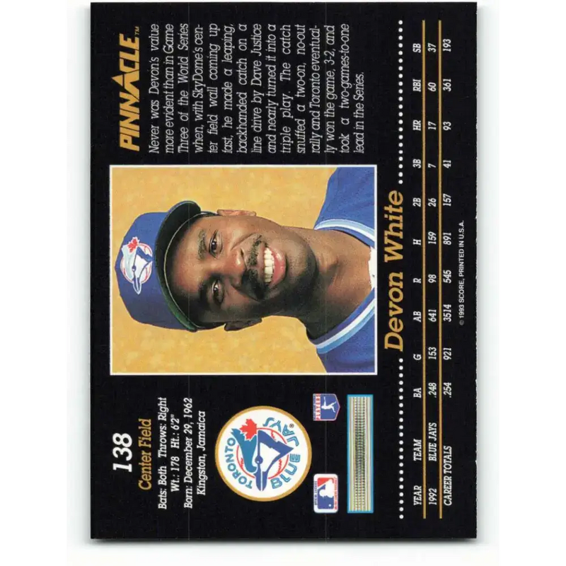 1993 Pinnacle #138 Devon White NM-MT Toronto Blue Jays Baseball Card - Baseball Card Single
