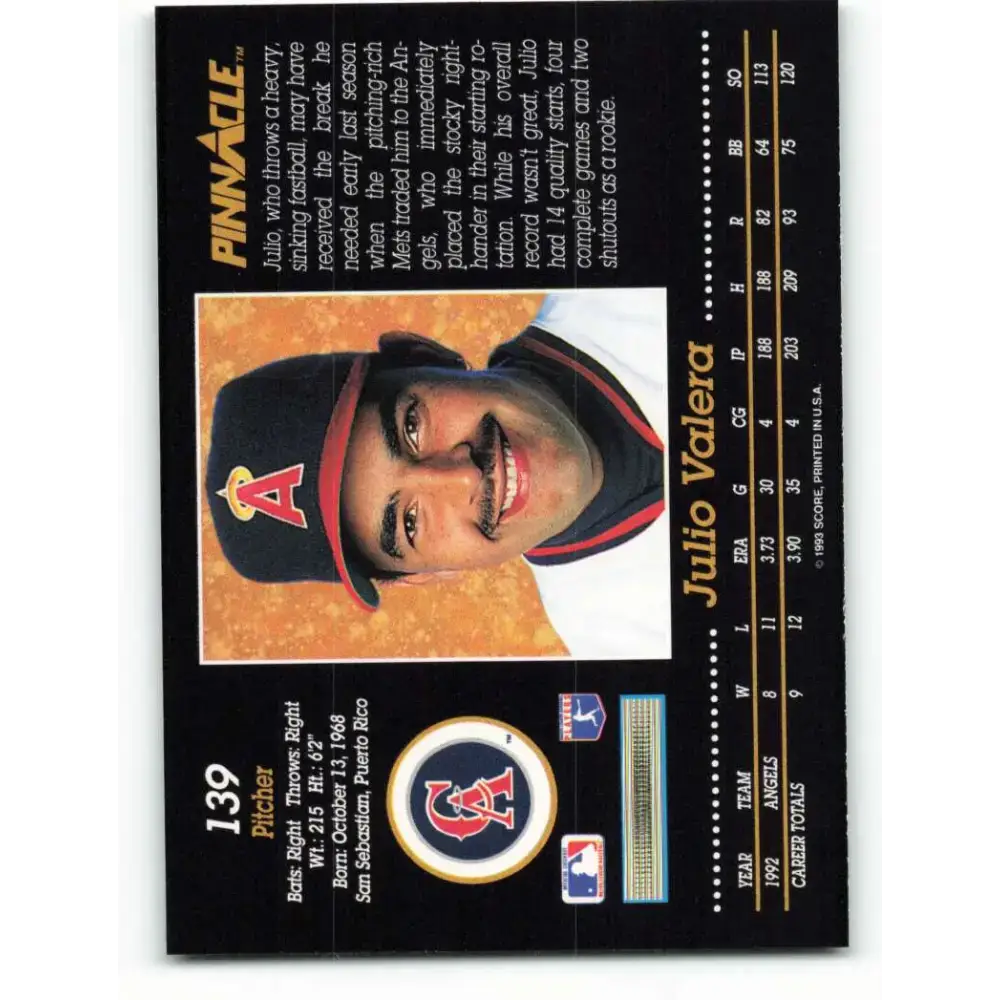 1993 Pinnacle #139 Julio Valera NM-MT California Angels Baseball Card - Baseball Card Single