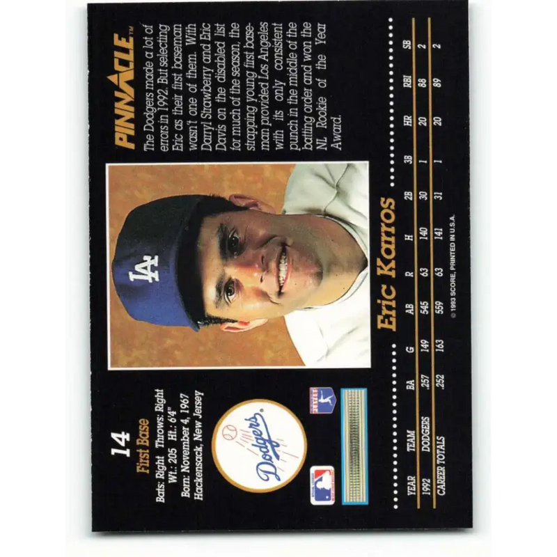 1993 Pinnacle #14 Eric Karros NM-MT Los Angeles Dodgers Baseball Card - Baseball Card Single