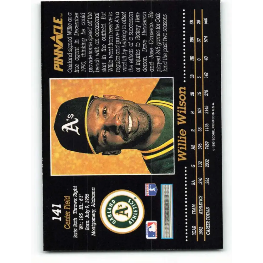 1993 Pinnacle #141 Willie Wilson NM-MT Oakland Athletics Baseball Card - Baseball Card Single
