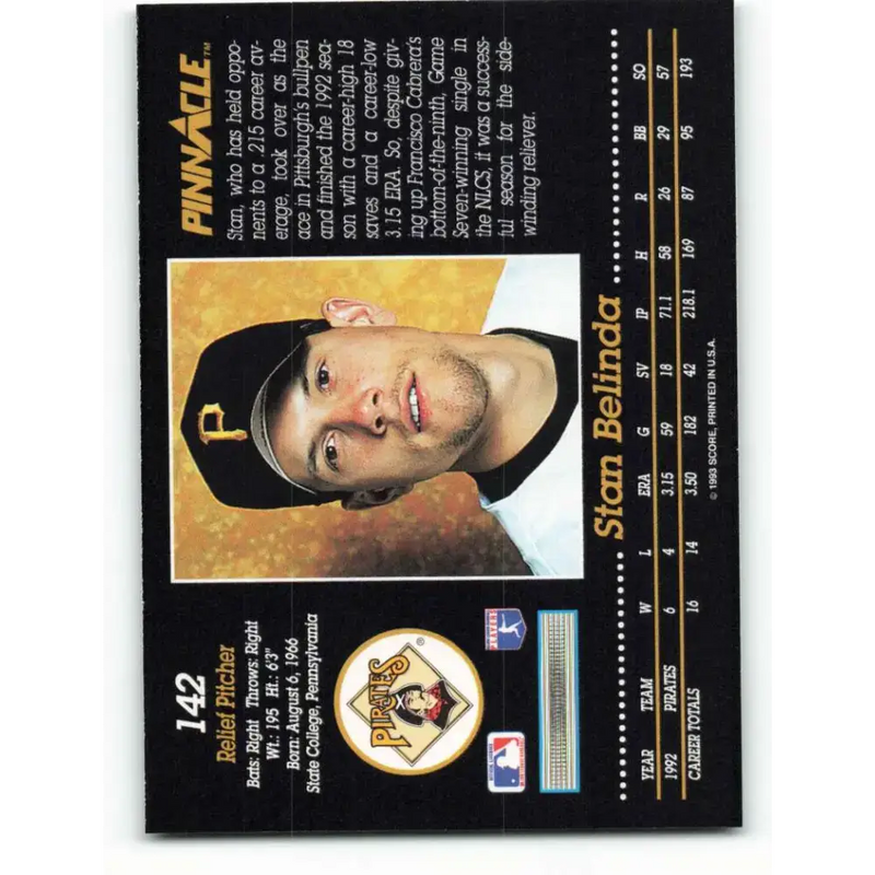 1993 Pinnacle #142 Stan Belinda NM-MT Pittsburgh Pirates Baseball Card - Baseball Card Single
