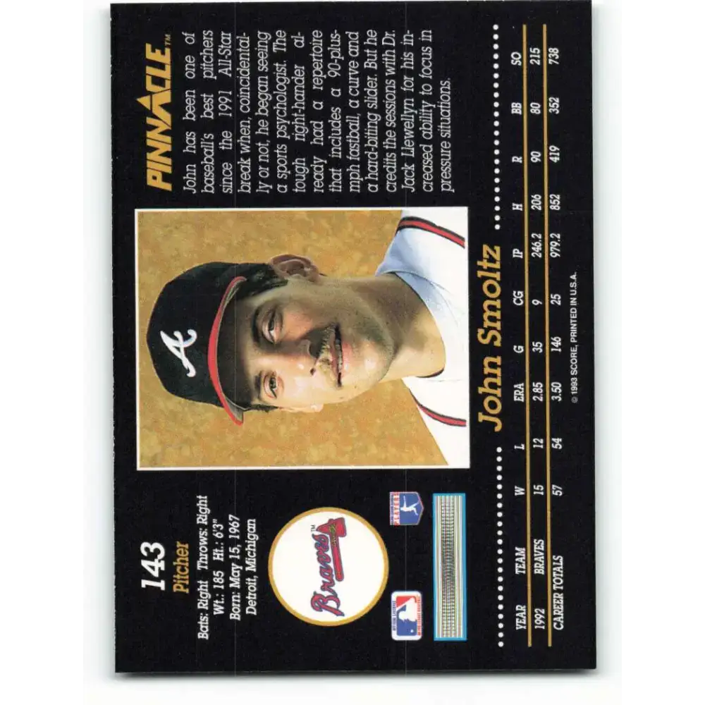 1993 Pinnacle #143 John Smoltz NM-MT Atlanta Braves Baseball Card - Baseball Card Single