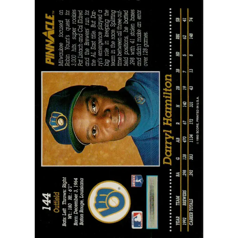 1993 Pinnacle #144 Darryl Hamilton NM-MT Milwaukee Brewers Baseball Card - Baseball Card Single