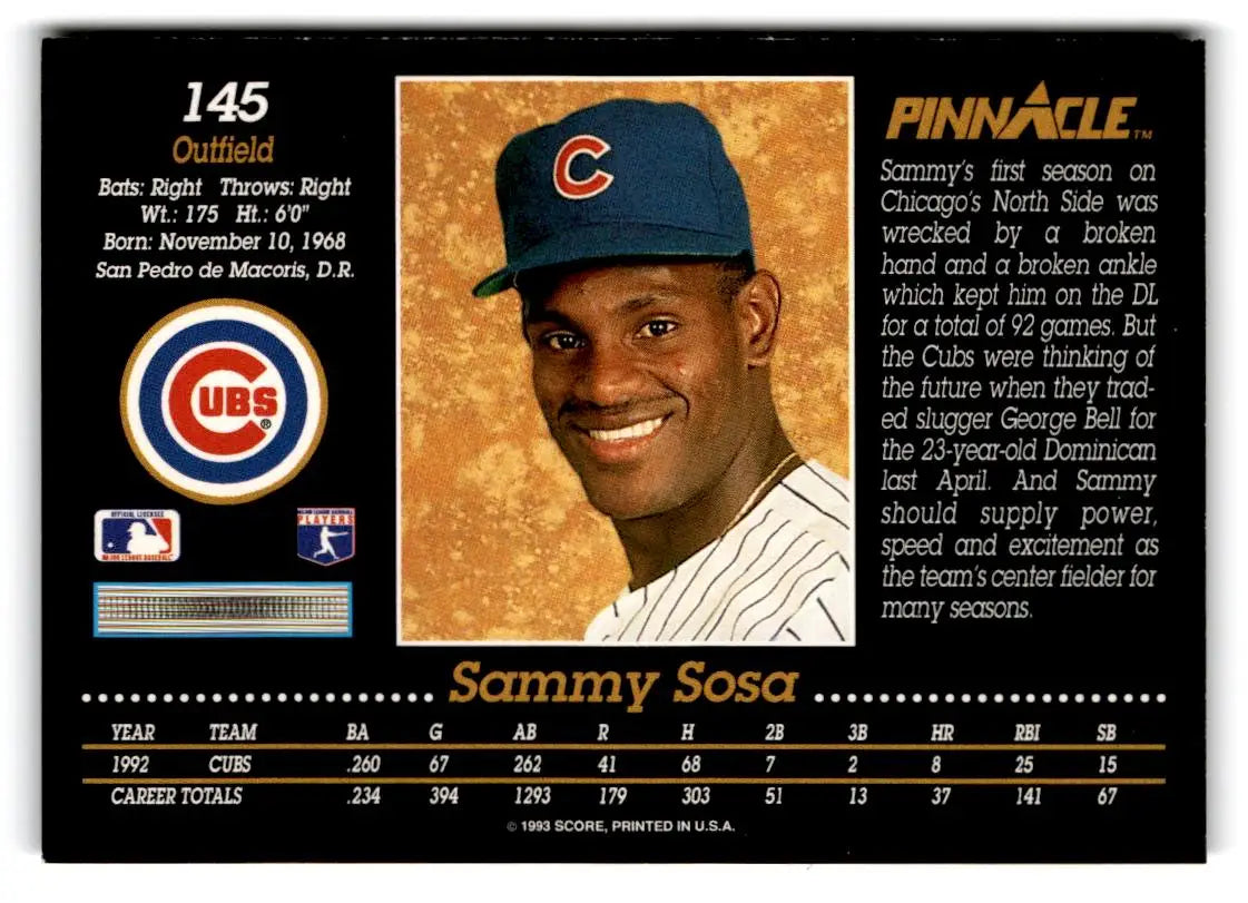 1993 Pinnacle #145 Sammy Sosa - Baseball Card Single