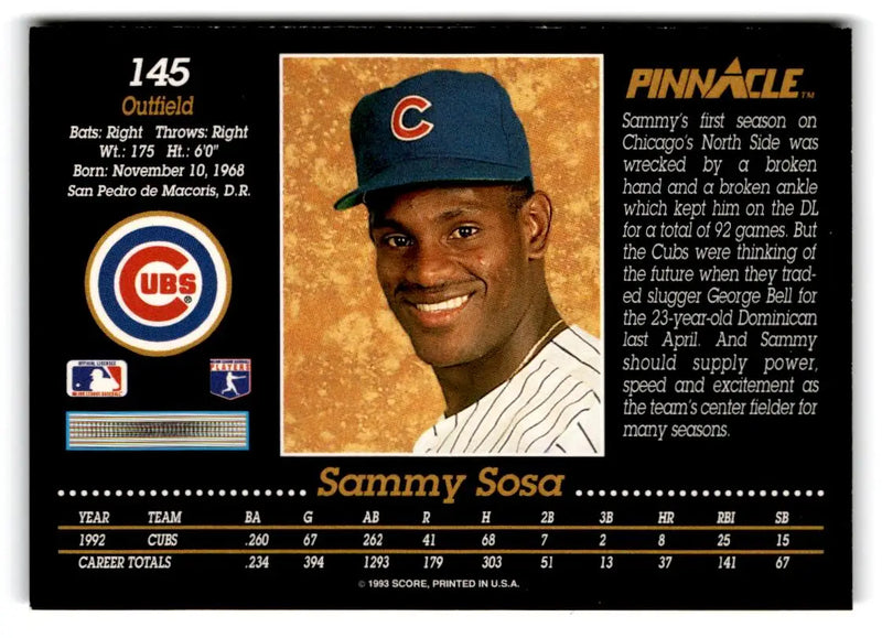 1993 Pinnacle #145 Sammy Sosa - Baseball Card Single