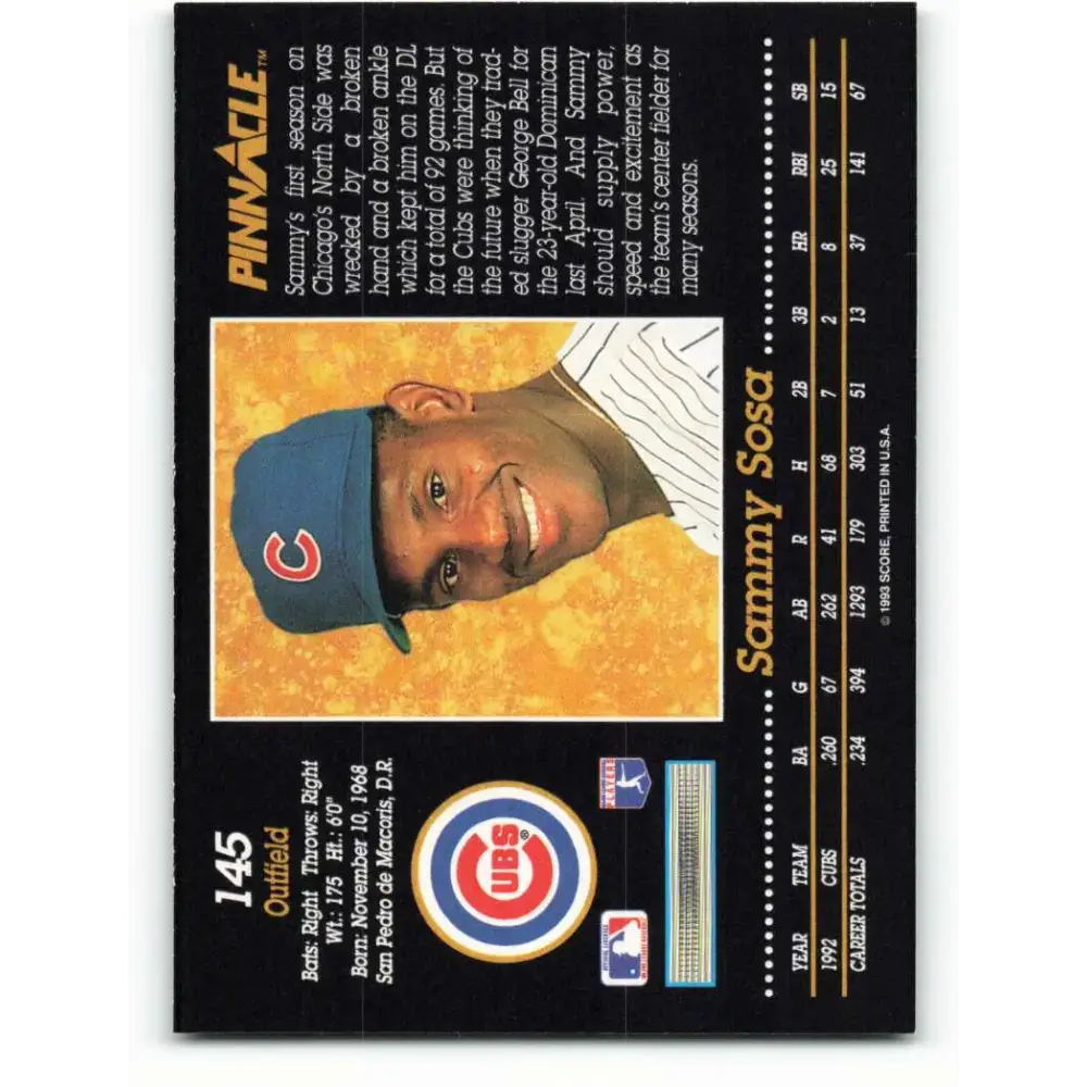 1993 Pinnacle #145 Sammy Sosa NM-MT Chicago Cubs Baseball Card - Baseball Card Single