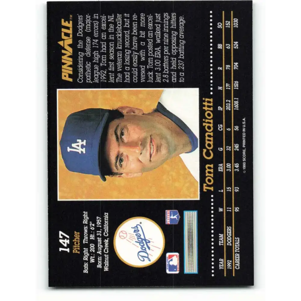 1993 Pinnacle #147 Tom Candiotti NM-MT Los Angeles Dodgers Baseball Card - Baseball Card Single