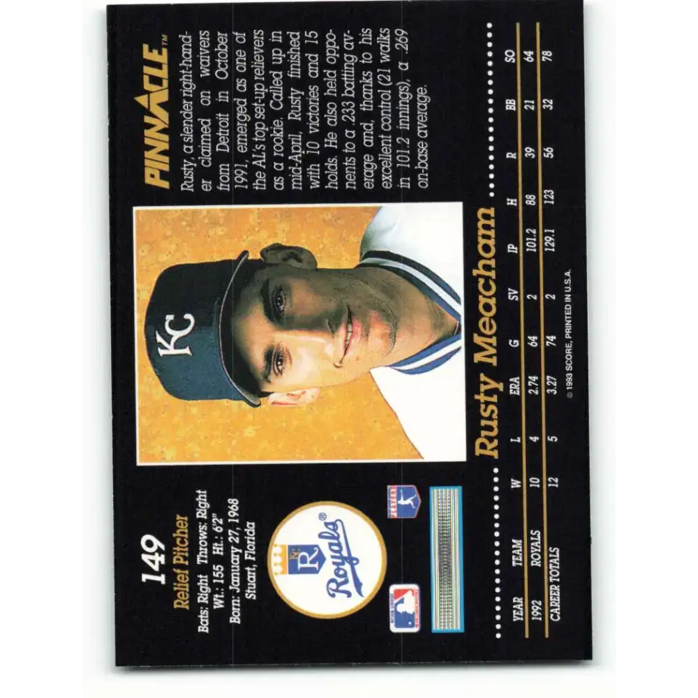 1993 Pinnacle #149 Rusty Meacham NM-MT Kansas City Royals Baseball Card - Baseball Card Single