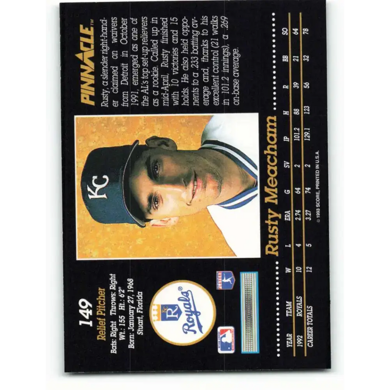 1993 Pinnacle #149 Rusty Meacham NM-MT Kansas City Royals Baseball Card - Baseball Card Single