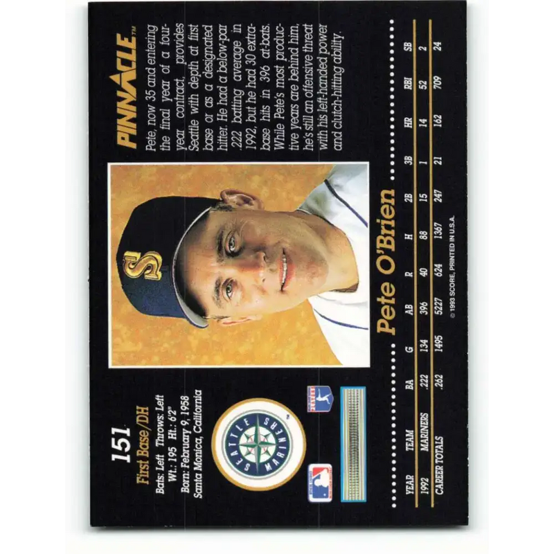 1993 Pinnacle #151 Pete O’Brien NM-MT Seattle Mariners Baseball Card - Baseball Card Single